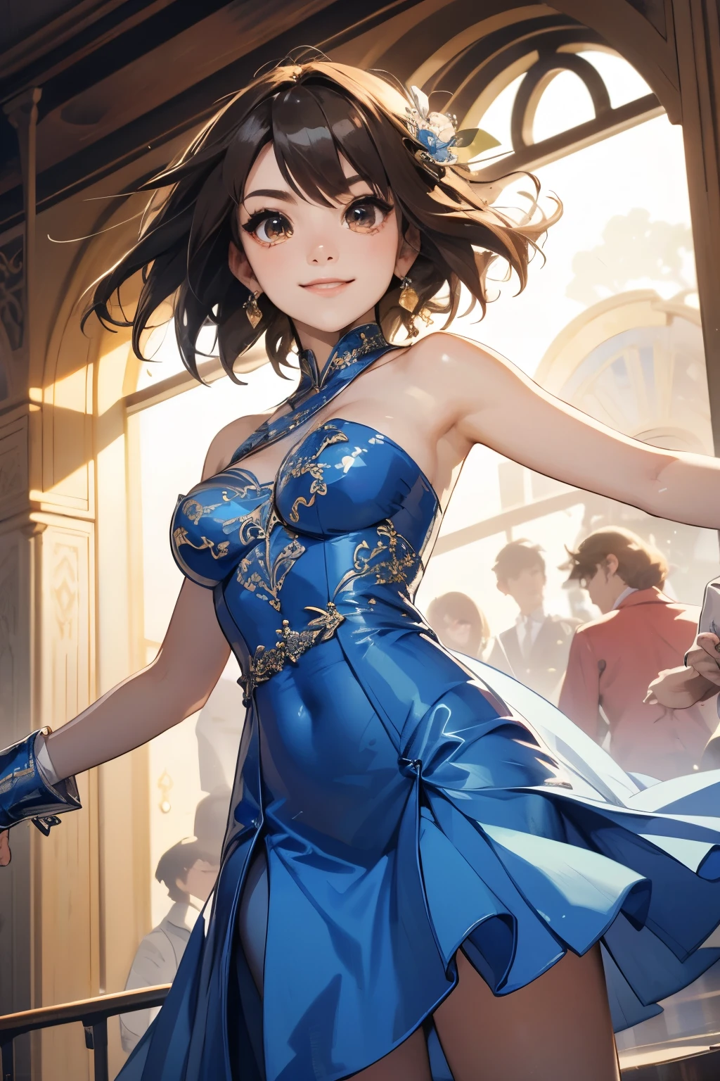 (masterpiece), best quality, detailed,Super high quality,perfect anatomy,beautiful light and shadow, ,Beautiful pale skin , brown hair, short hair, brown eyes, perfect face, perfect eyes, slim body,young teenager ,1girl, suzumiya haruhi, smiling to camera, high quality, 8k digital painting, wearing an intricated and elegant blue dress, at prom,  perfect hands, perfect fingers, SFW, standing, 