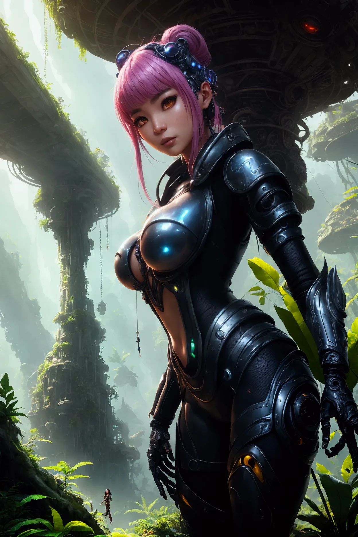 a cute yuna, age 25, wearing a sexy sci-fi explorer suit, exploring an abandoned alien city overgrown by the jungle, city of the vampire lesbians, detailed sculptures, detailed ruins, detailed environment, beautiful detailed eyes, beautiful detailed lips, extremely detailed face, long eyelashes, intricate futuristic architecture, advanced alien technology, lush jungle foliage, mysterious atmosphere, dramatic lighting, cinematic composition, vibrant colors, high quality, 8k, photorealistic, concept art style
