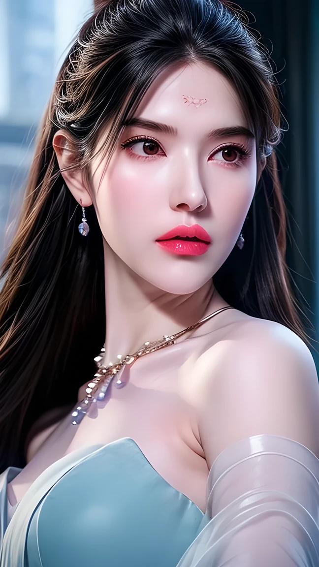 Top CG, Highest image quality, masterpiece, Delicate and gentle beautiful girl, (185cm beauty), (Slim figure), Imperial sister, Queen temperament, White skin, ((Long Legs)), Perfect facial features, Bright eyes, posture, Red lips, Beautiful and cold (A major breakthrough)), Beautiful and heroic, Soft and long hair, Shiny, Lace, net, Skin visible through perspective, Wearing glasses, Diamond Earrings, Ruby NeckLace, (Evening Dress), 8k image quality, (Realistic Portraits), The character fills the entire screen, (Facial lighting), ((permanent)