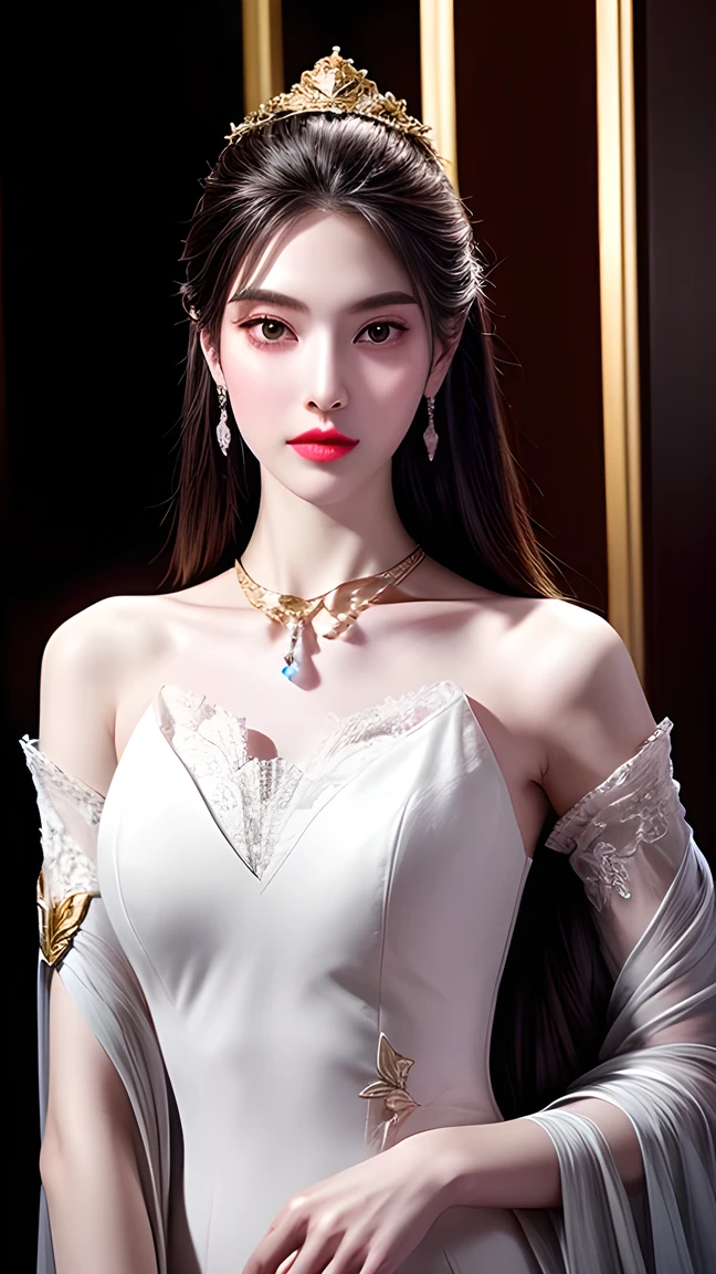 Top CG, Highest image quality, masterpiece, Delicate and gentle beautiful girl, (185cm beauty), (Slim figure), elder sister, Queen temperament, white skin, ((Long Legs)), Perfect facial features, Bright eyes, posture, Red lips, Beautiful and cold (A major breakthrough)), Beautiful and heroic, Soft and long hair, Shiny, Lace, net, Skin visible through perspective, Wearing gold-rimmed glasses，大Long Legs，white，Diamond Earrings, Ruby NeckLace, (Evening Dress), 8k image quality, (Realistic Portraits), The character fills the entire screen, (Facial lighting), ((permanent)