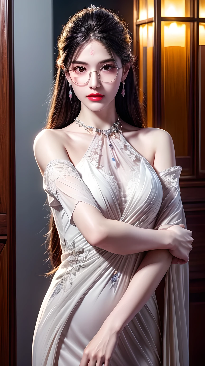 Top CG, Highest image quality, masterpiece, Delicate and gentle beautiful girl, (185cm beauty), (Slim figure), Elder sister, Queen temperament, White skin, ((Long Legs)), Perfect facial features, Bright eyes, posture, Red lips, Beautiful and cold (A major breakthrough)), Beautiful and heroic, Soft and long hair, Shiny, Lace, net, Skin visible through perspective, Wearing glasses，Lotus mark on forehead，Diamond Earrings, Ruby NeckLace, (Transparent evening dress), 8k image quality, (Realistic Portraits), The character fills the entire screen, (Facial lighting), ((permanent)