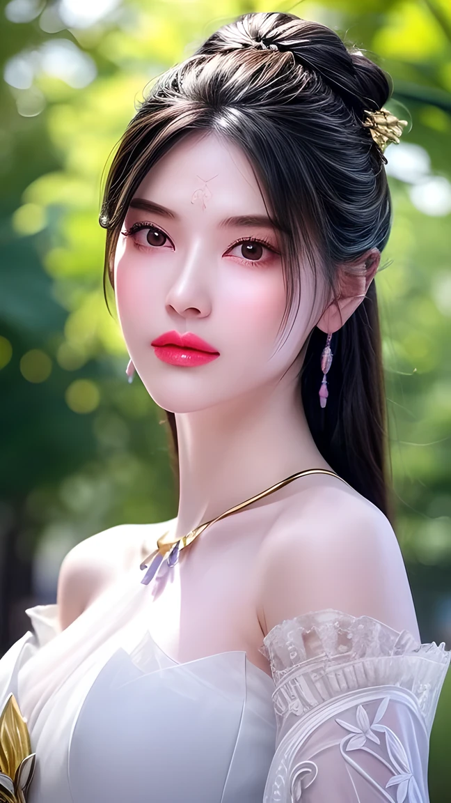 Top CG, Highest image quality, masterpiece, Delicate and gentle beautiful girl, (185cm beauty), (Slim figure), elder sister, Queen temperament, white skin, ((Long Legs)), Perfect facial features, Bright eyes, posture, Red lips, Beautiful and cold (A major breakthrough)), Beautiful and heroic, Soft and long hair, Shiny, Lace, net, Skin visible through perspective, Wearing gold-rimmed glasses，Lotus mark on forehead，white，Diamond Earrings, Ruby NeckLace, (Evening Dress), 8k image quality, (Realistic Portraits), The character fills the entire screen, (Facial lighting), ((permanent)