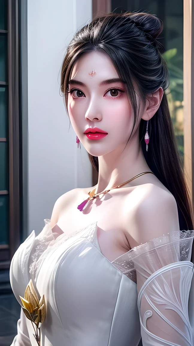 Top CG, Highest image quality, masterpiece, Delicate and gentle beautiful girl, (185cm beauty), (Slim figure), elder sister, Queen temperament, white skin, ((Long Legs)), Perfect facial features, Bright eyes, posture, Red lips, Beautiful and cold (A major breakthrough)), Beautiful and heroic, Soft and long hair, Shiny, Lace, net, Skin visible through perspective, Wearing gold-rimmed glasses，Lotus mark on forehead，white，Diamond Earrings, Ruby NeckLace, (Evening Dress), 8k image quality, (Realistic Portraits), The character fills the entire screen, (Facial lighting), ((permanent)