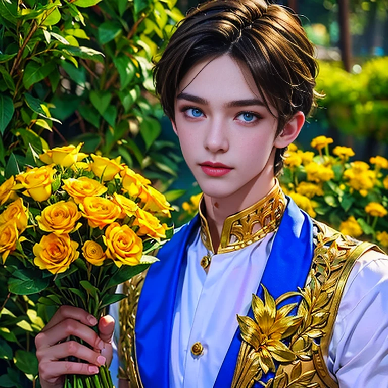 Ultra detailed portrait of a handsome guy, оранжевый background, disorganized, High resolution, super detailed, very detailed, 1 guy,blue eyes are shining, short blonde hair decorated with flowers , gold jewelry , a bouquet of bright - beautiful flowers in hands , confuse , geometrically correct forms , Colorful ,