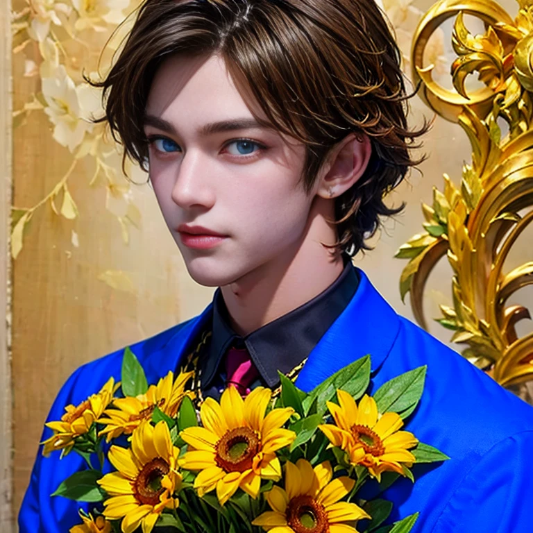 Ultra detailed portrait of a handsome guy, оранжевый background, disorganized, High resolution, super detailed, very detailed, 1 guy,blue eyes are shining, short blonde hair decorated with flowers , gold jewelry , a bouquet of bright - beautiful flowers in hands , confuse , geometrically correct forms , Colorful ,