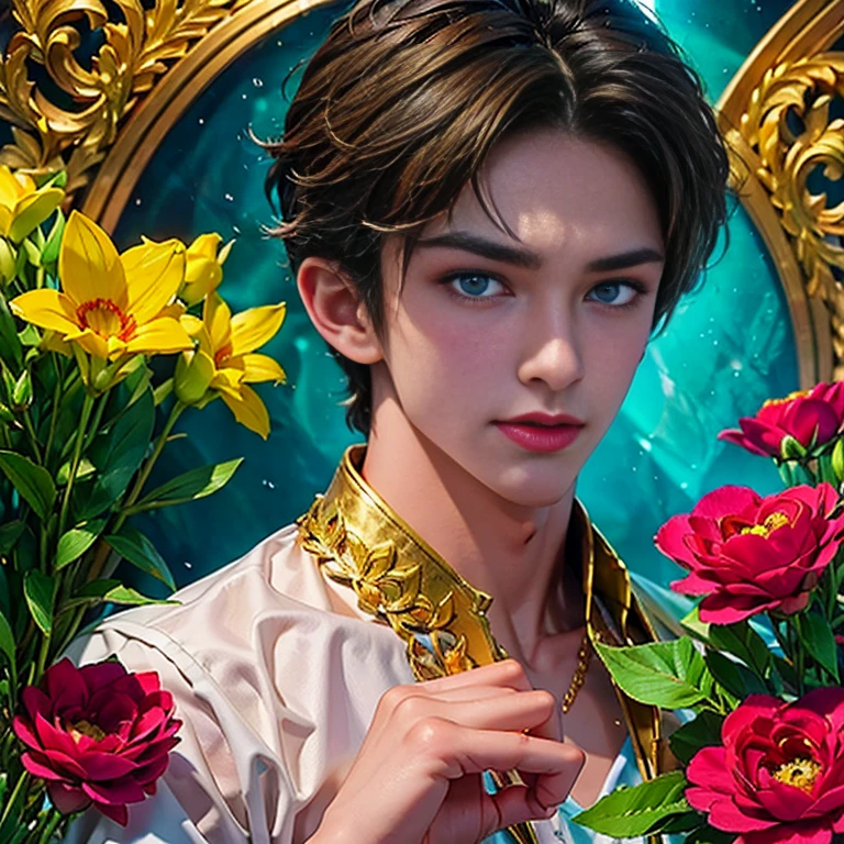 Ultra detailed portrait of a handsome guy, абстрактный background, disorganized, High resolution, super detailed, very detailed, 1 guy,blue eyes are shining, short blonde hair decorated with flowers , gold jewelry , a bouquet of bright - beautiful flowers in hands , confuse , geometrically correct forms , Colorful ,