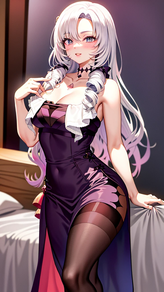 The upper body is a thin Chinese dress with a deep neckline. The lower body is (a Chinese dress with a hip hole and a short crotch),The accessories are a pearl necklace and pearl earrings. Location: Hotel room.voluptuous Chest.1080x1920 pixels, one woman,(1 right arm),(1 left arm),(1 right leg),(1 left leg),((Depictingthe fiveneatly shaped fingertips)),fellatio gesture,