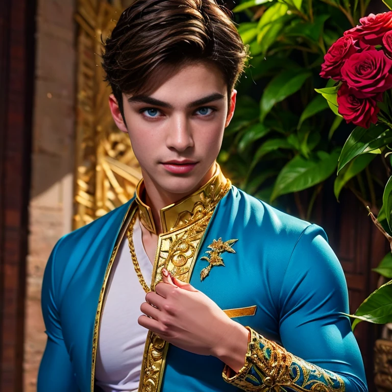 Ultra detailed portrait of a handsome guy, оранжевый background, disorganized, High resolution, super detailed, very detailed, 1 guy,blue eyes are shining, short blonde hair decorated with flowers , gold jewelry , a bouquet of bright - beautiful flowers in hands , confuse , geometrically correct forms , Colorful ,