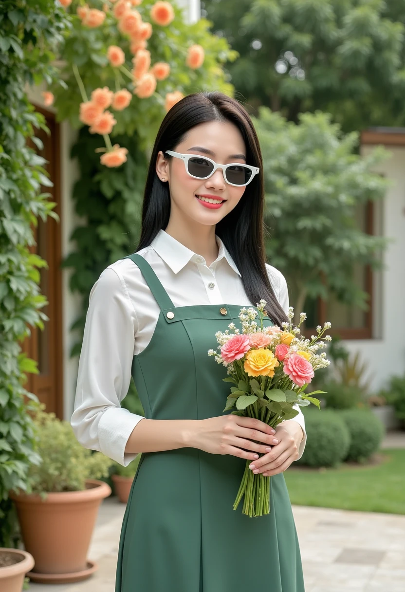 Photography, realistic, cowboy shot of a Asian girl wearing a green dress and pant standing in a Garden, she has pretty lipstick, she is smiling, she wearing sunglasses, she holding a bouquet