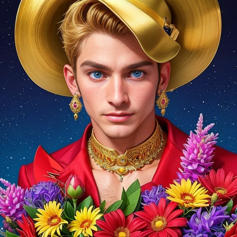 Ultra detailed portrait of a handsome guy, оранжевый background, disorganized, High resolution, super detailed, very detailed, 1 guy,blue eyes are shining, short blonde hair decorated with flowers , gold jewelry , a bouquet of bright - beautiful flowers in hands , confuse , geometrically correct forms , Colorful ,