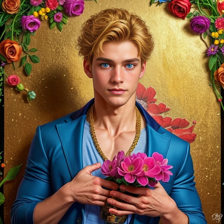 Ultra detailed portrait of a handsome guy, оранжевый background, disorganized, High resolution, super detailed, very detailed, 1 guy,blue eyes are shining, short blonde hair decorated with flowers , gold jewelry , a bouquet of bright - beautiful flowers in hands , confuse , geometrically correct forms , Colorful ,