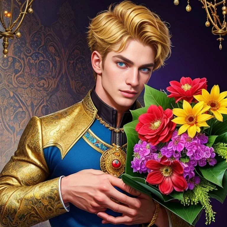 Ultra detailed portrait of a handsome guy, оранжевый background, disorganized, High resolution, super detailed, very detailed, 1 guy,blue eyes are shining, short blonde hair decorated with flowers , gold jewelry , a bouquet of bright - beautiful flowers in hands , confuse , geometrically correct forms , Colorful ,