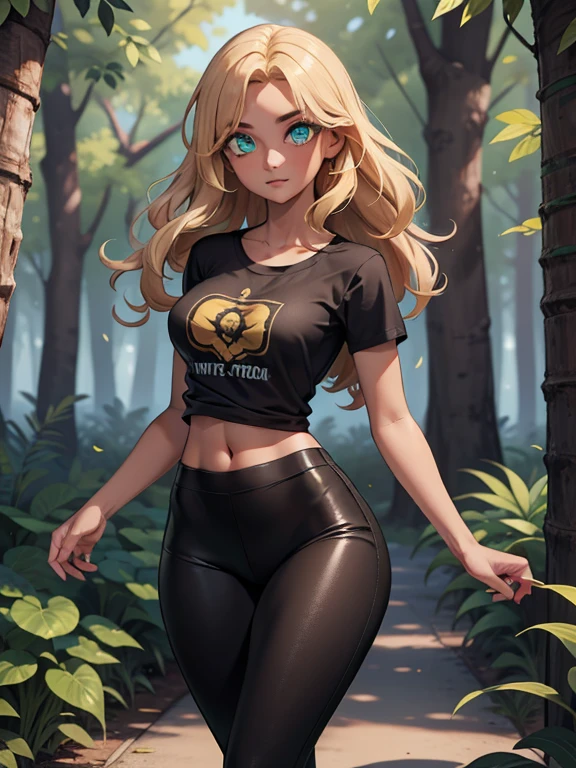 (masterpiece:1.2), best quality, high resolution, unity 8k wallpaper, (illustration:0.8), (beautiful detailed eyes:1.6), extremely detailed face, perfect lighting, extremely detailed CG, (perfect hands, perfect anatomy), A beautiful 36yo woman with blonde wavy hair and green eyes. She's approximately 5'1" tall. ((slim, petite)), medium breasts. She has tan olive skin. She's wearing a loose t-shirt and shiny black leggings showing slim hips, walking in a forest
