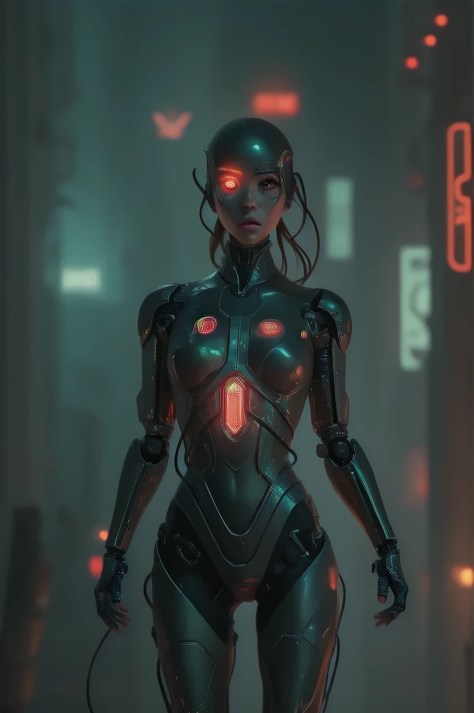 full body, Wide shot, Very realistic and detailed robot woman with metal parts, with terminal cables circuits:1.5, dynamic pose:1.3, Beautiful intricate cyber woman with circuits and terminals all over her body., futuristic neon lights, luces led, hyper detailed, 8K, The best quality, photorealistic, masterpiece, cinematic lighting, volumetric fog, brilliant cybernetic enhancements, advanced technology, Dystopian futurist, dramatic and melancholic lighting., neon city background, , hyper detailed circuits, dynamic camera angle