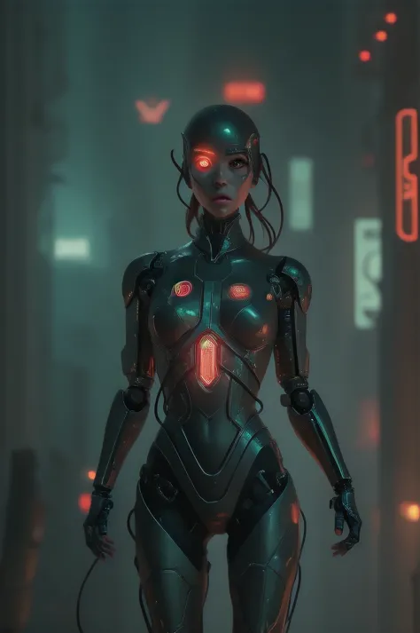 full body, wide shot, very realistic and detailed robot woman with metal parts, with terminal cables circuits:1.5, dynamic pose:...