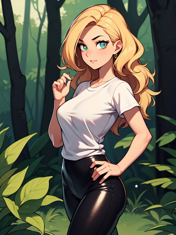 (masterpiece:1.2), best quality, high resolution, unity 8k wallpaper, (illustration:0.8), (beautiful detailed eyes:1.6), extremely detailed face, perfect lighting, extremely detailed CG, (perfect hands, perfect anatomy), A beautiful 36yo woman with blonde wavy hair and green eyes. She's approximately 5'1" tall. ((slim, petite)), medium breasts. She has tan olive skin. She's wearing a loose t-shirt and shiny black leggings showing slim hips, walking in a forest
