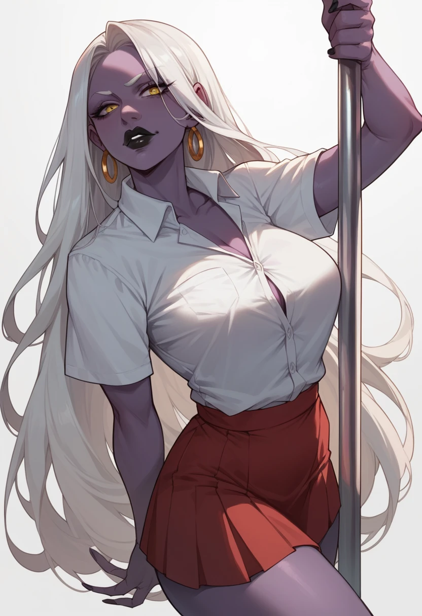 Milf, 1 woman, purple skin, very long nose, yellow eyes, White hair, long hair, black lipstick, big nose, tied White shirt, red skirt, White panties, sexy schoolar uniform, pole dance 