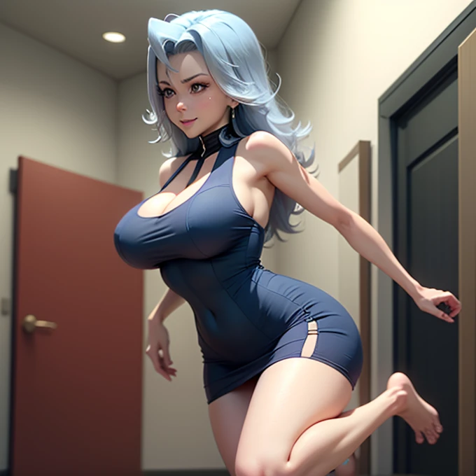 anime screencap, excited, full body, chest tightness, Sweat, girl,woman,female, maduro,30 years old, Authentic and detailed face, smile, Heart_students, apenas_shoulders, huge_breasts, taltos, Casual attire robe , therefore_now alto_jump, wrinkled skin, cleavage_Cutout, apenas_legs, white clothes, inside the house, very thin 8KCG wallpapers, long light blue hair 