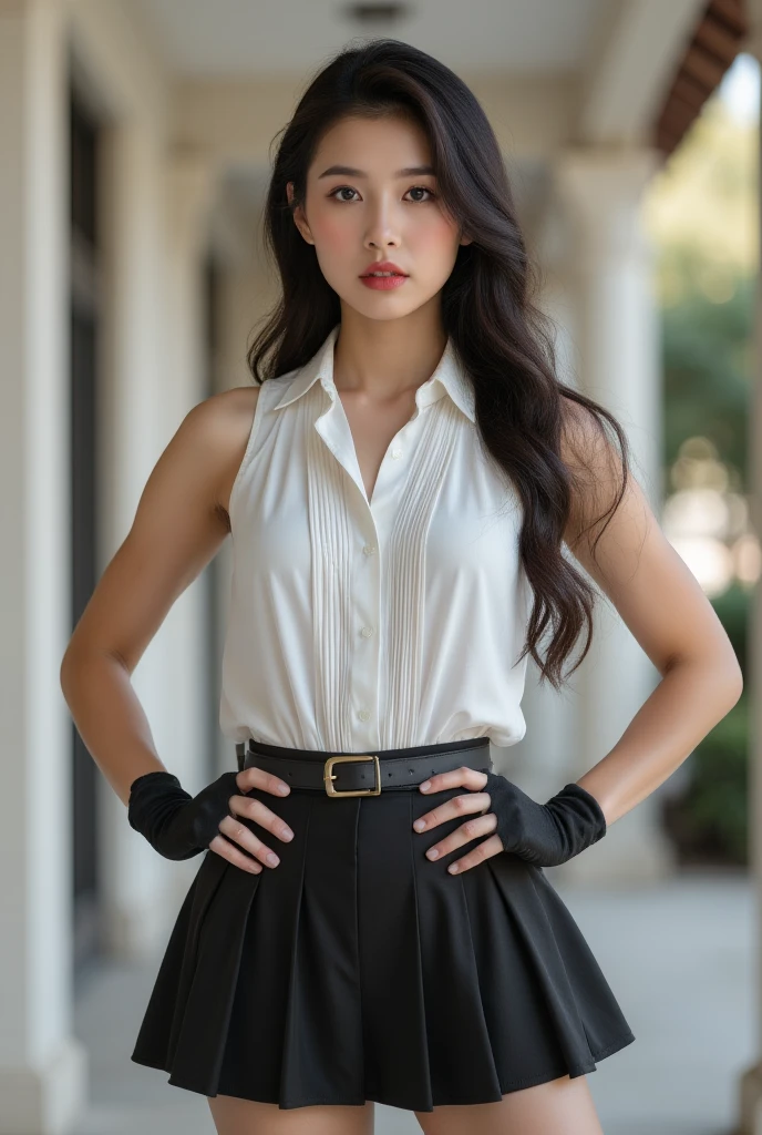 ((close up)), High target, (Black hair) Beautiful strong woman, Long straight hair, Light brown skin, Shut up and smile, (Black lipstick), (Strong muscles), (Supermuscle), ((Huge strong muscles)), White eyes, ((((Long Sleeve White Pleated Shirt)))), ((Black long pleated skirt with belt)), (Fingerless gloves), tie, High boots, (Bend against the wall), On the university campus,