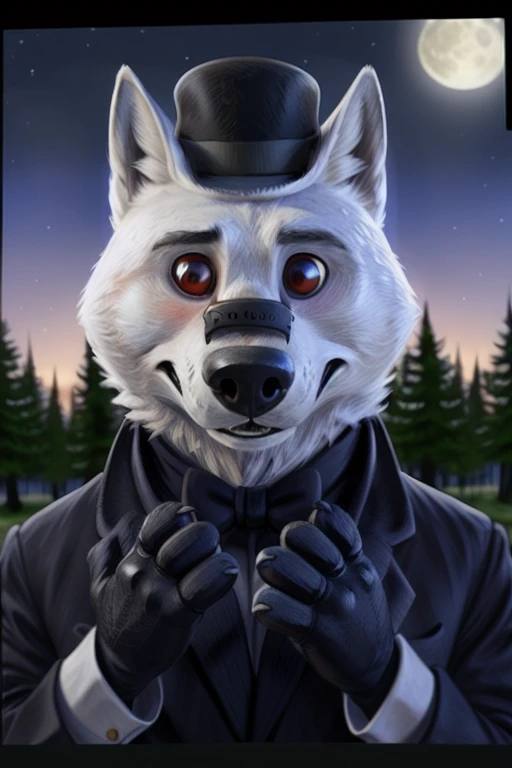 Gary \(Zootopia\), (white body:1.4), White fur, Zootopia, canine, wolf, deTailed fur, Male, antro, paw pads, finger claws, 5 fingers, paws, 4 toes, night, full moon, Tail, red, suit, Black bow tie, wedding,\(suit\), wearing a Dor-15 black bowler hat with a red robotic eye in his frontal part, Brown eyes, inexpresive face, I look at the viewer, FRACTURE by bruteandbrawn, for dating, from Kenketa, (difficult, high deTail, film photography, soft focus, RAW explicit cinema, photorealism, realistic, photorealistic, analog style, subsurface scattering, masterpiece, Best quality, ultra realistic, 8 K)