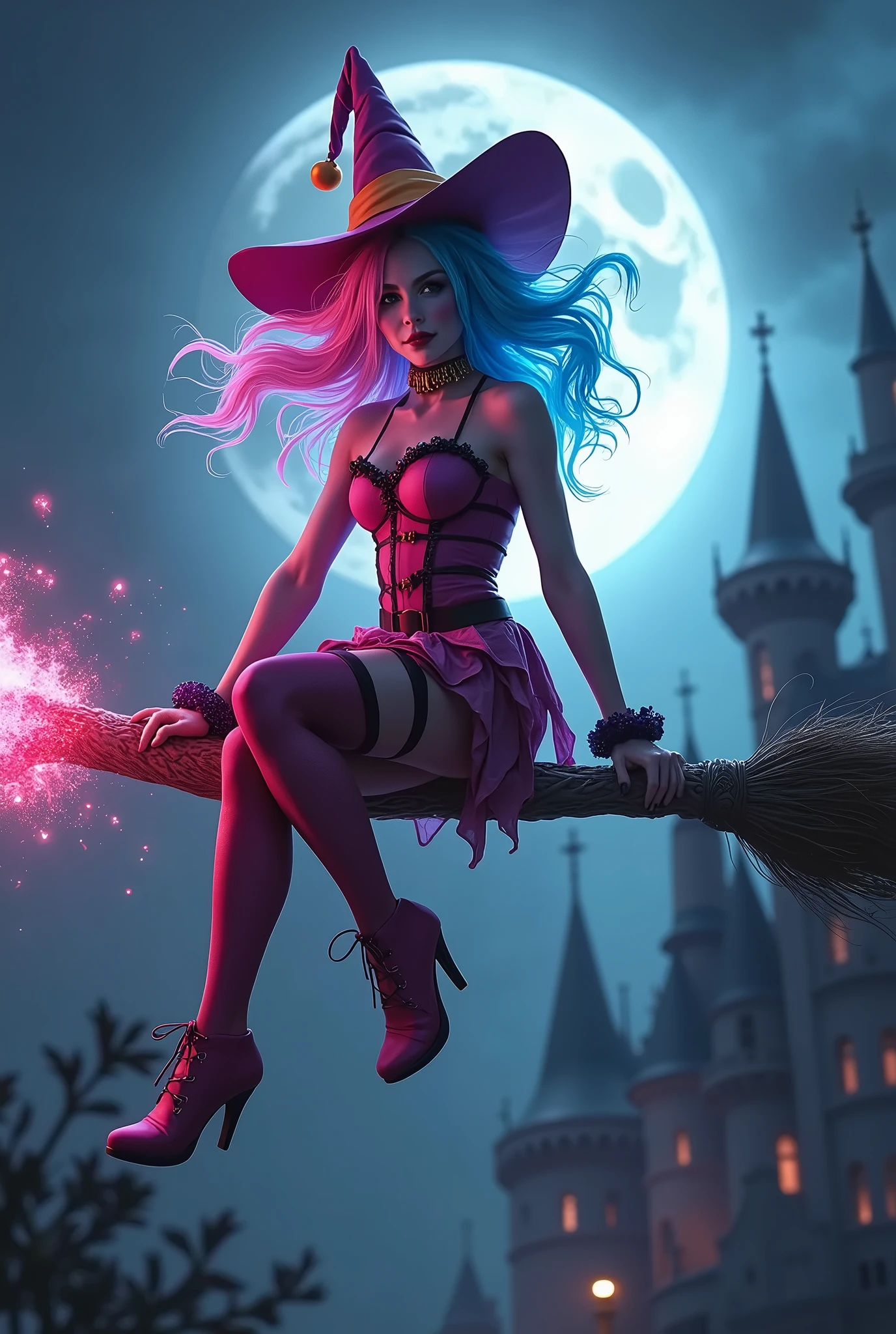 
HDR portrait image Harley Quinn with pink and blue colored hair divided into two parts . She is a witch and is wearing a pink witch outfit with a purple and orange hat and is flying on a broomstick in the sky and a magical glow is coming out of the broomstick., and there&#39;s a haunted castle in the background and a bright moon  