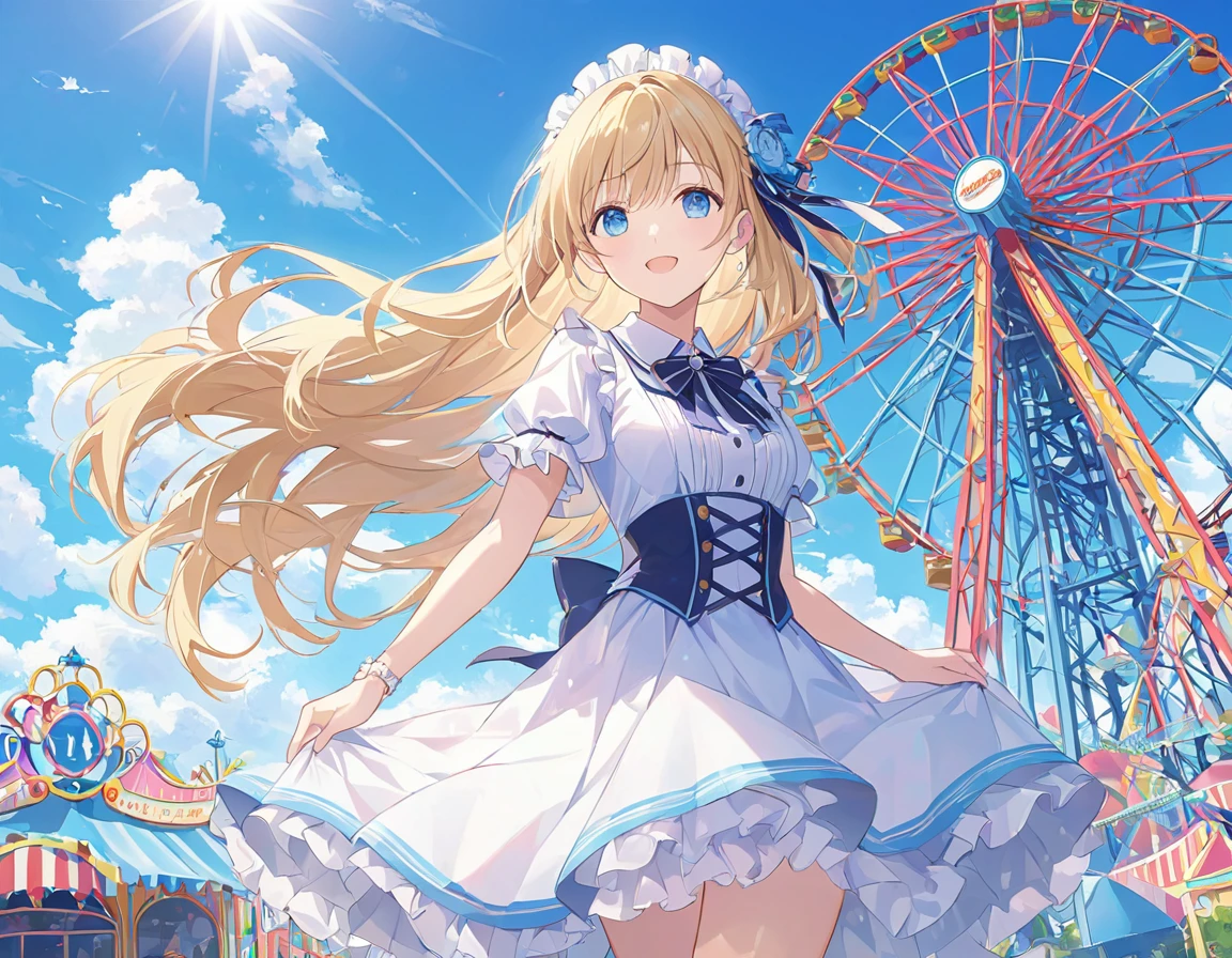 ((Light color)),, debt/1.2, 超High resolution, Attention to detail, Please redeem, High resolution, masterpiece、Memories at the amusement park、date、Dressed up girl、cute、Amusement park on a sunny day、Light production、Gentle colors