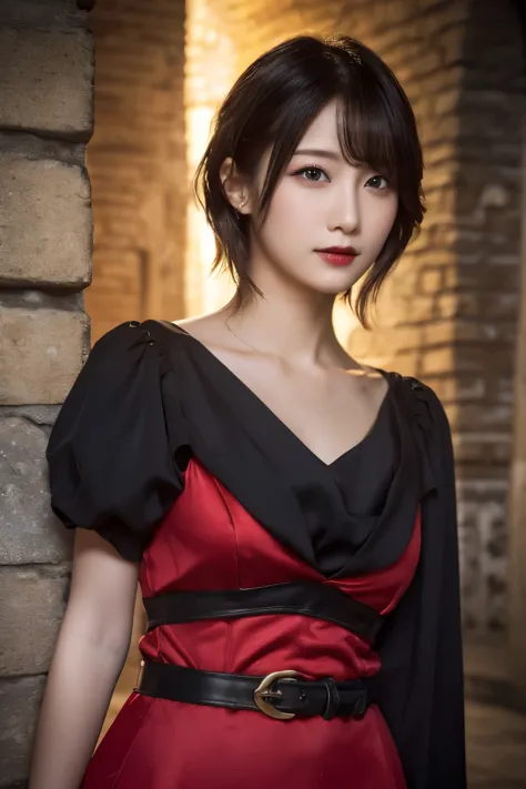 1 girl, (she is wearing a red dress:1.2), (gothic makeup), portrait of a very cute japanese symphonic metal singer, (raw photo b...