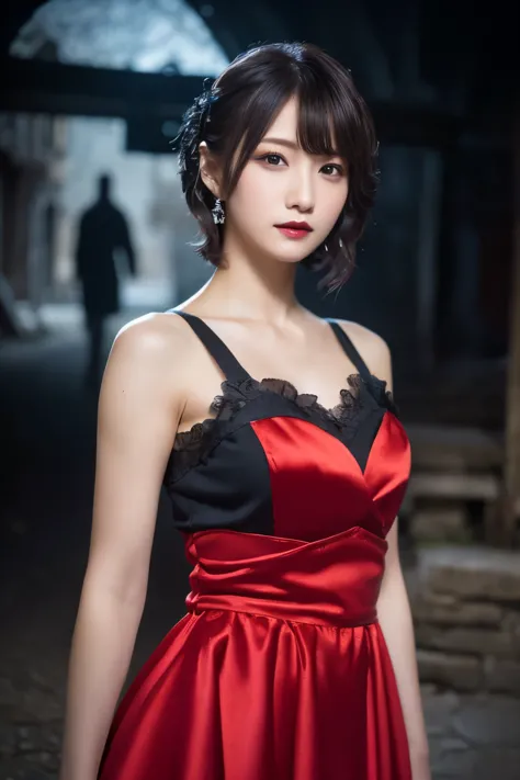 1 girl, (she is wearing a red dress:1.2), (gothic makeup), portrait of a very cute japanese symphonic metal singer, (raw photo b...