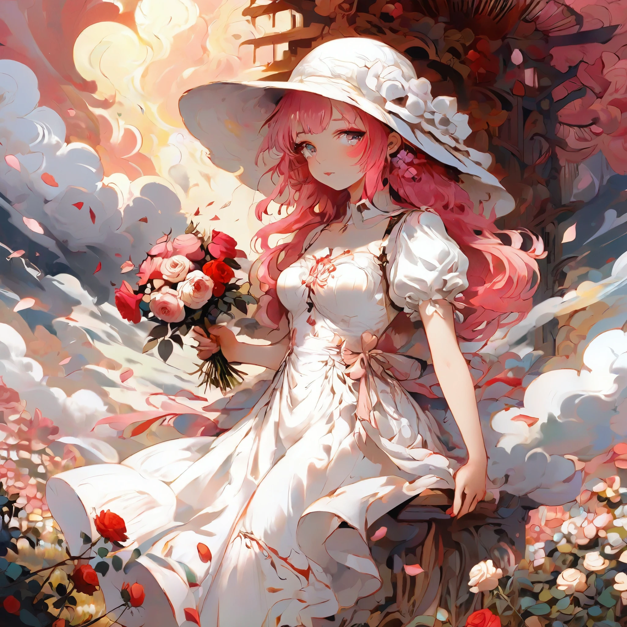 (masterpiece, Please redeem), 1 girl, flower, Alone, dress, holding, null, cloud, Have, Outdoor, bangs, flower束, rose, Expressionless, , Pink Hair, flower field, red flower, Pink Eyes, white dress, Looking at the audience, Medium Hair, holding flower, Small breasts, red rose, holding flower束, sun Have, White Hat, The depth of the boundary is written,((whole body)),