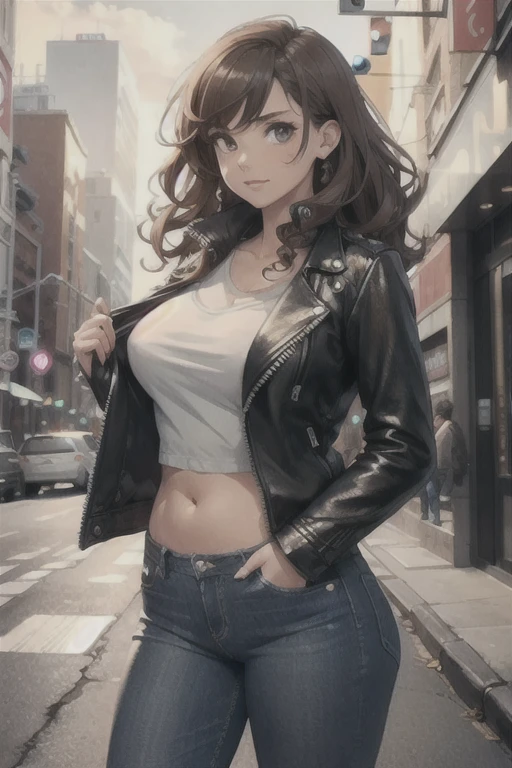 (Best quality), (high resolution), (detailed),1woman, skinny girl bloated, curly hair brown, jeans, leather jacket