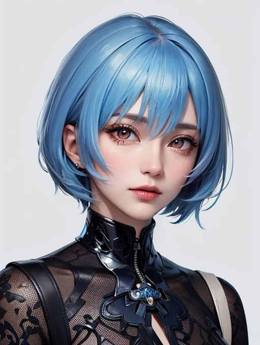 Masterpiece, Best Quality, 8K, Detailed Skin Texture, Detailed Cloth Texture, Beautiful Detail Face, Intricate Detail, Ultra Detailed, Portrait of Rei Ayanami, Blue Hair, Red Eyes, Head Tilt, No Background