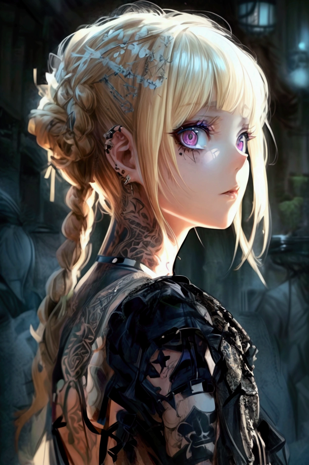 Clear and detailed facial features, beautiful woman, blonde hair, braided, elegant gothic make-up, large expressive eyes, intricate tattoos, wearing a disheveled gothic-style corset minidress, shoulder straps, half jacket, falling off ahoulders, beautiful features, exquisite design, stunning artwork 