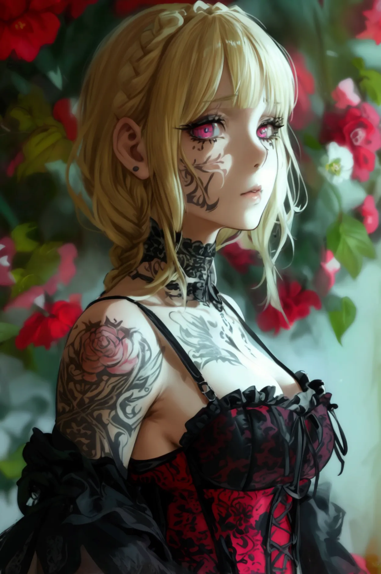 clear and detailed facial features, beautiful woman, blonde hair, braided, elegant gothic make-up, large expressive eyes, intric...