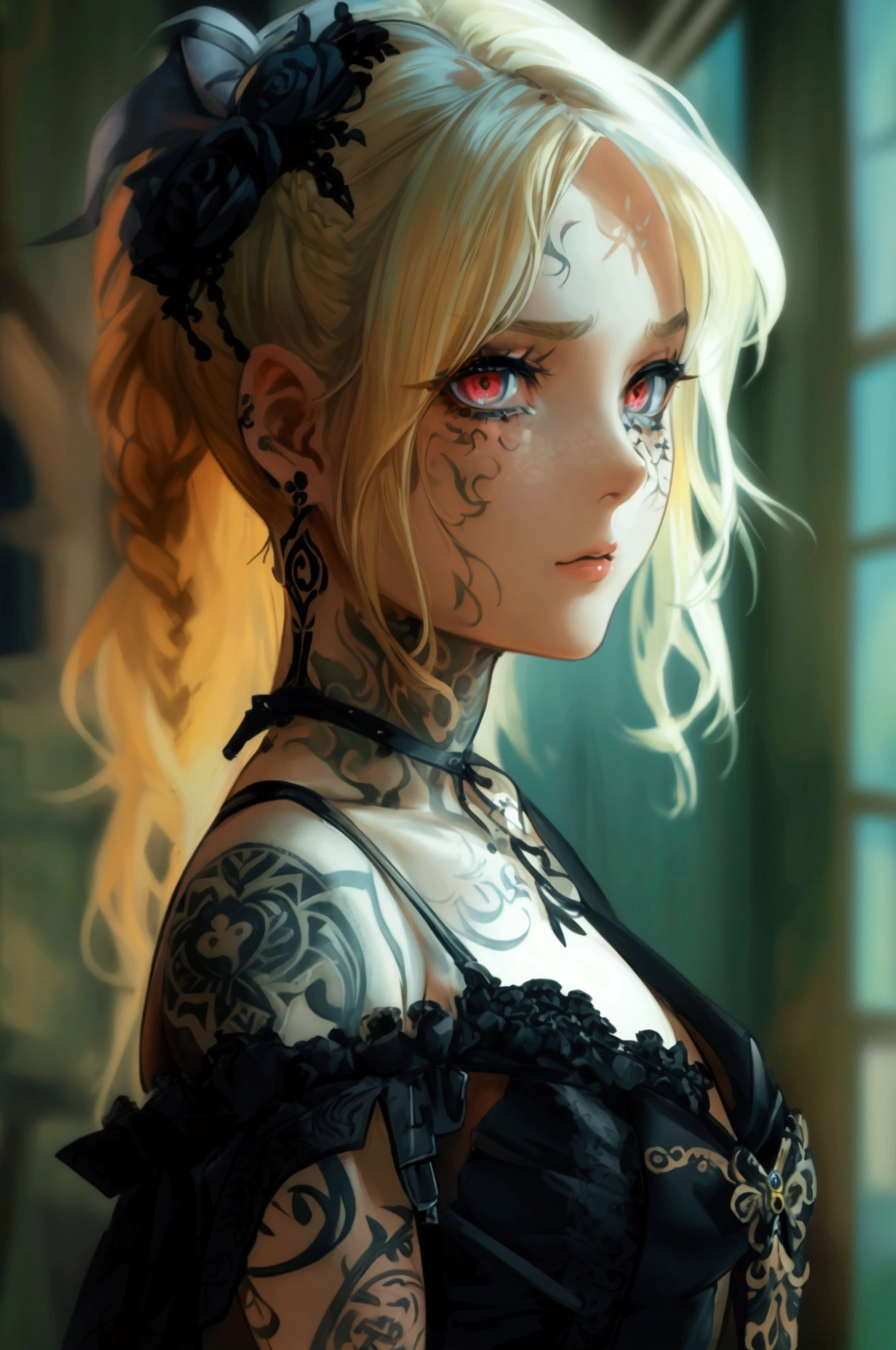 Clear and detailed facial features, beautiful woman, blonde hair, braided, elegant gothic make-up, large expressive eyes, intricate tattoos, wearing a disheveled gothic-style corset minidress, shoulder straps, half jacket, falling off ahoulders, beautiful features, exquisite design, stunning artwork 