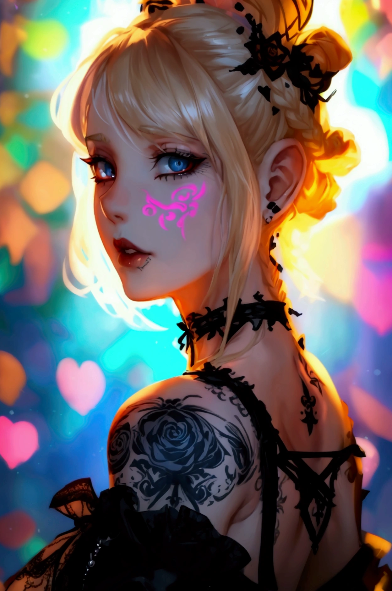 Clear and detailed facial features, beautiful woman, blonde hair, braided, elegant gothic make-up, large expressive eyes, intricate tattoos, wearing a disheveled gothic-style corset minidress, shoulder straps, half jacket, falling off ahoulders, beautiful features, exquisite design, stunning artwork 