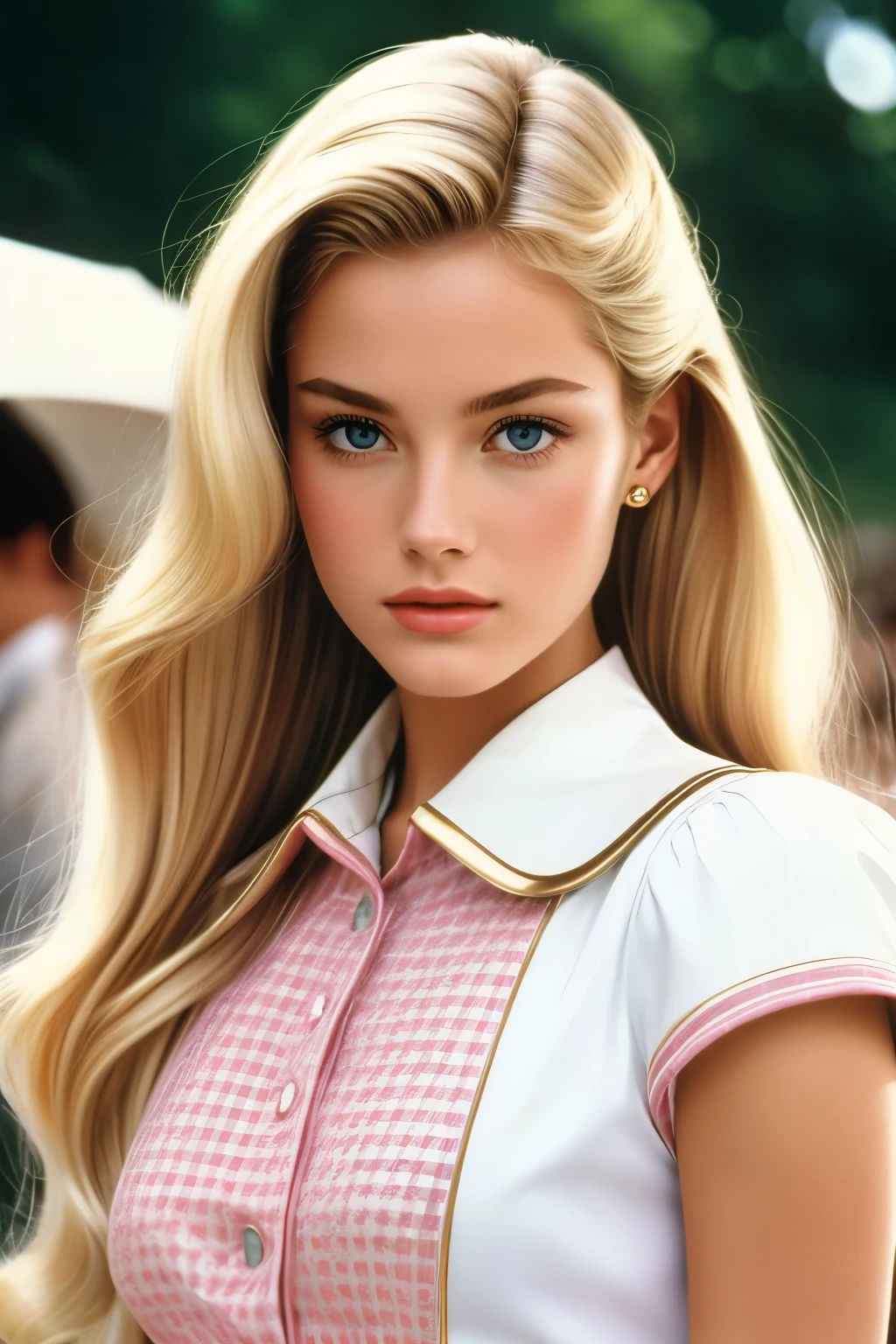 Film still, preppy girl, feminine, sophisticated luxury style, long blonde hair, 1994 movie, highly detailed