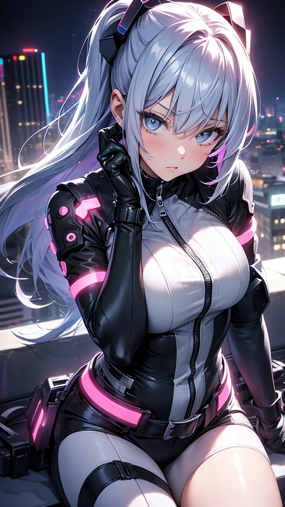 portrait, 1 girl, beautiful face, asymmetrical hair, multi-colored hair, belt, zipped bodysuit, grey eyes, hip vent, cute, neon night city, neon, seated or standing, with one hand gently resting on her cheek. Her head should be slightly tilted, and her elbow can be resting on a surface or supported by her other hand. The position should create soft, delicate lines that draw attention to her face and hand.