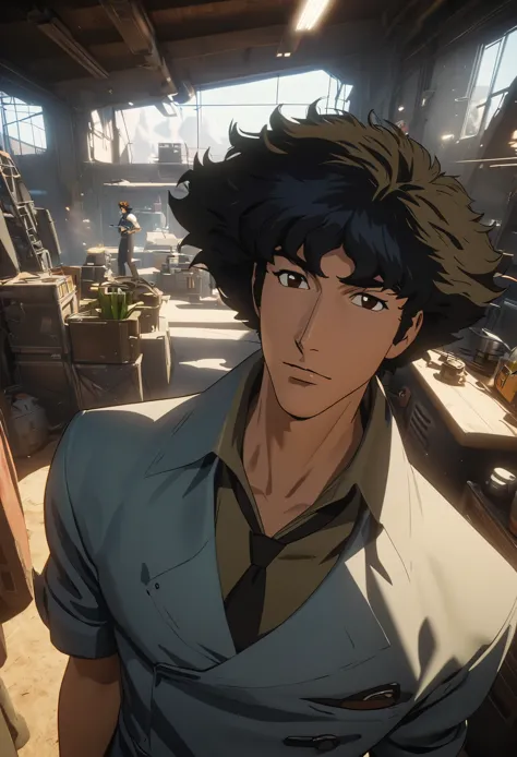 centered image, general shot, ((cowboy bebop:1.5, spike spiegel , full shot , long shot: 1.4, unreal engine: 1.4, ultra realisti...