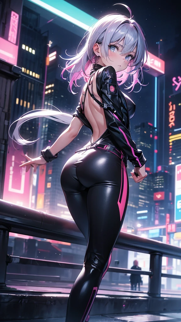 portrait, 1 girl, beautiful face, asymmetrical hair, multi-colored hair, belt, zipped bodysuit, grey eyes, hip vent, cute, neon night city, neon,  walking away from the camera, her back slightly turned with a graceful stride. Her arms should be relaxed at her sides or gently swinging, creating a sense of effortless movement.