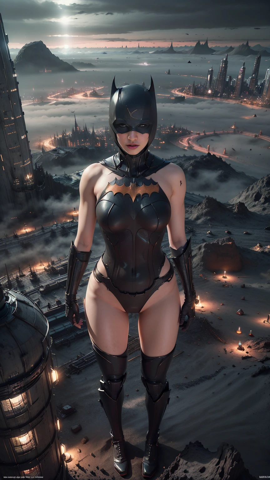 ((masterpiece, Highest quality, High resolution, Realistic, to be born, 16k wallpaper)),a 20s very beautiful face batwoman wearing batwoman (micro-bikini),(attractive thighs),(gothic makeup),Glamorous body goddess, Very hot and sexy,(( natural pose:1.5)),A threatening posture and a sharp gaze,Great beauty, perfect balance,（A beautifully balanced body: 1.4),((batman standing on a rooftop overlooking a foggy night city skyline:1.0)), Gotham city background, nighttime in Gotham city, Gotham city, From the movie Batman, Gotham city style, Batman film still, metropolis filmic Gotham city, Cyberpunk Batman, Batman movie stills, Batman movie still cinematic, Gotham setting, batman, Gotham,