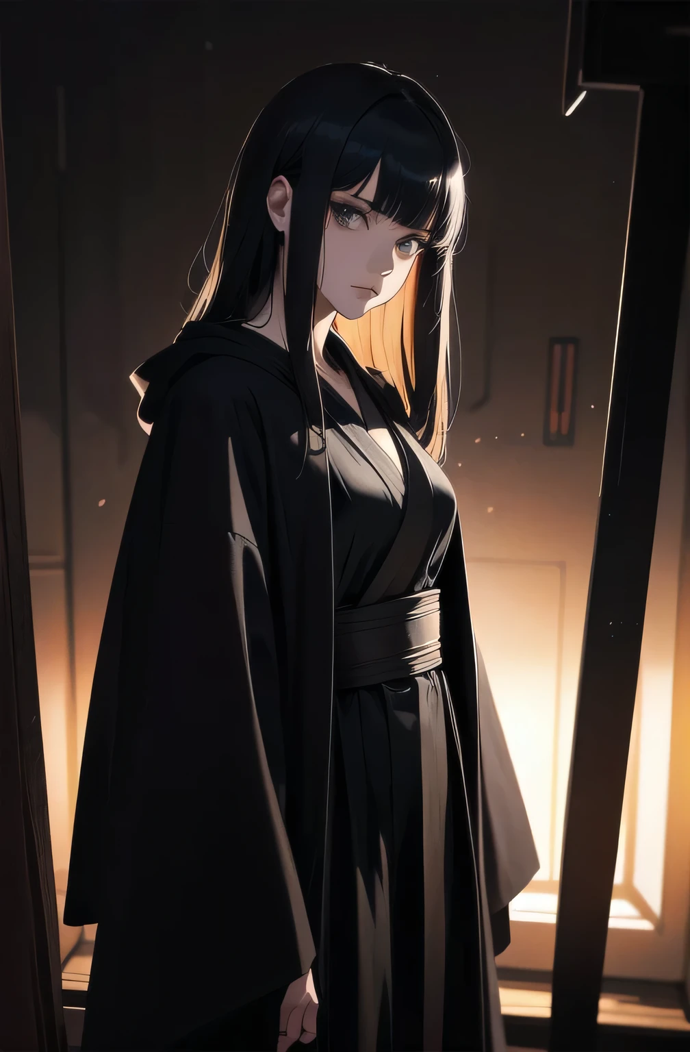 Shadow Face、Star Wars, jedi, black jedi robe、black robe, black belt,Star Wars concept art, Star Wars、jedi、Lightsabers、Black Robe、jediの服、Black hoodを被る、Star Wars、beautiful girl、cute、Droopy eyes、Black Hair、Beautiful Long Hair、Straight hair、bangs、bangsbangs、bangs、hime cut、Big Breasts、Slim body、slim、(Best Quality,4K,High resolution,Masterpiece 1.2),Very detailed,Real 1.37,Spooky altar background,Dark fantasy,Black color scheme,Ominous atmosphere,Eye-catching,story,Anime Style,Concept Art,Inappropriate behavior,beautiful, Delicate facial features, pale Skin, night、Dim lighting、Dark Background, Cinema Lighting, Dramatic Shadows, gothic, Spooky atmosphere, Dark story, 1 person&#39;S, Red cheeks, ,(Blood splatter 1.3),Scary smile, smile,TwiSted smile、Bloody,(Blood splatter 1.3),Horror Style, ((Flowing Black Hair)), Female Curves, Sexy flat stomach, Perfect hands, Perfect anime character face, (Black hood)), standing, ((Black Robe), ,(Dark story 1.3), Steam circulation, Moonlight Illumination, Night lighting, Gothic architecture、Western architecture,Victorian city, Skeleton Gas Light,Absurd, High resolution、 ((Tabletop)), ((Best Quality)), (Very detailedな), ((Very detailed)), (beautiful), ((cute)), 1 person,(1.6)、beautiful face、Full Body Ezbian、pale, Beautiful skin、Big Breasts、Beautiful body、Slim body、beautiful feet、Smiling Kindly、Dark building ruins、(The dark ruins are Bloody 1.3)、Low angle full body shot、(Creepy 1.3)、(The girl lost a lot of blood.............1.3)、Spirits、Droopy eyes、bangs, Long Hair, Star Wars、jedi、Blue Lightsabers、Ready your Lightsabers、star wars background