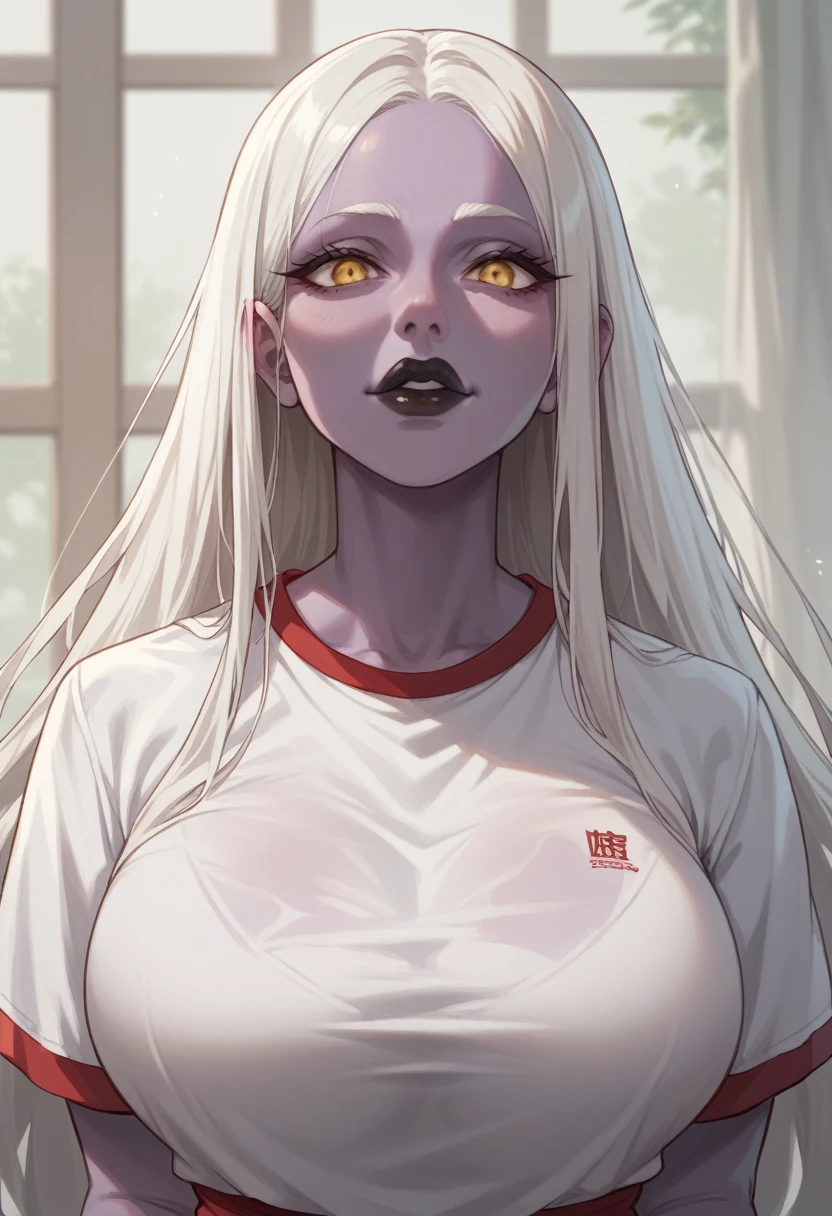 Milf, 1 woman, purple skin, very long nose, yellow eyes, White hair, long hair, black lipstick, very big nose, White tshirt, red buruma, japanese schoolar gym uniform 