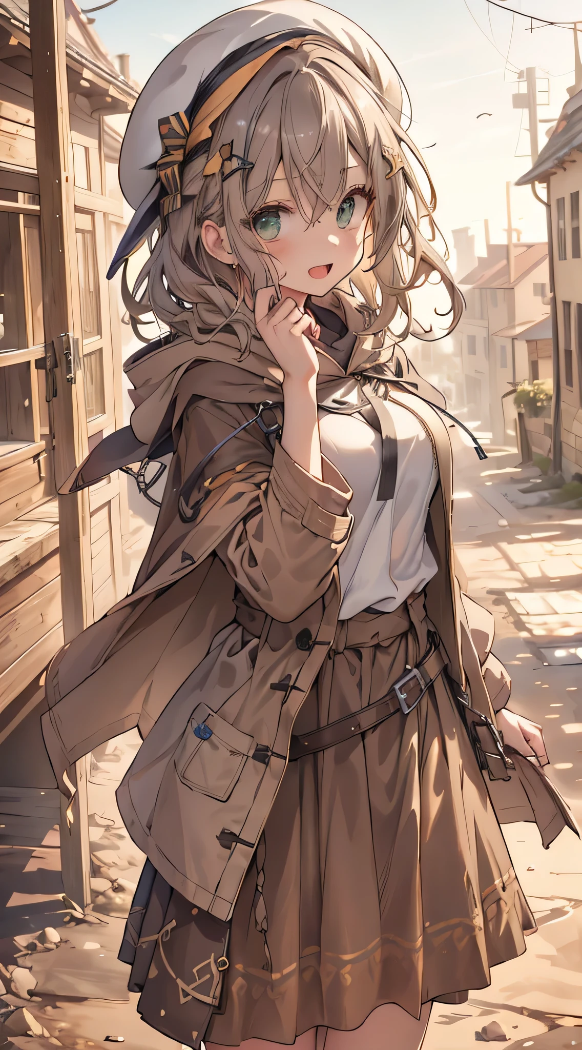 masterpiece, 8k, 1girl, sparrow, a grey haired girl, wearing a villager clothes, curly medium hair, messy hair, brown skirt, slim body, wearing brown cape coat with brown hoody, big breasts, she close her left eye, shirt ornament, lolippai, cheerful, beautiful breasts, rounded breasts, green eyes, dress, medium skirt, medieval city, ahoge, she wearing her hoody, braid hair, nagisa_bluearchive, rainbow_one, white shirt, standing, beret, basilica, she very close to you, open mouth, view very close, seductive smile