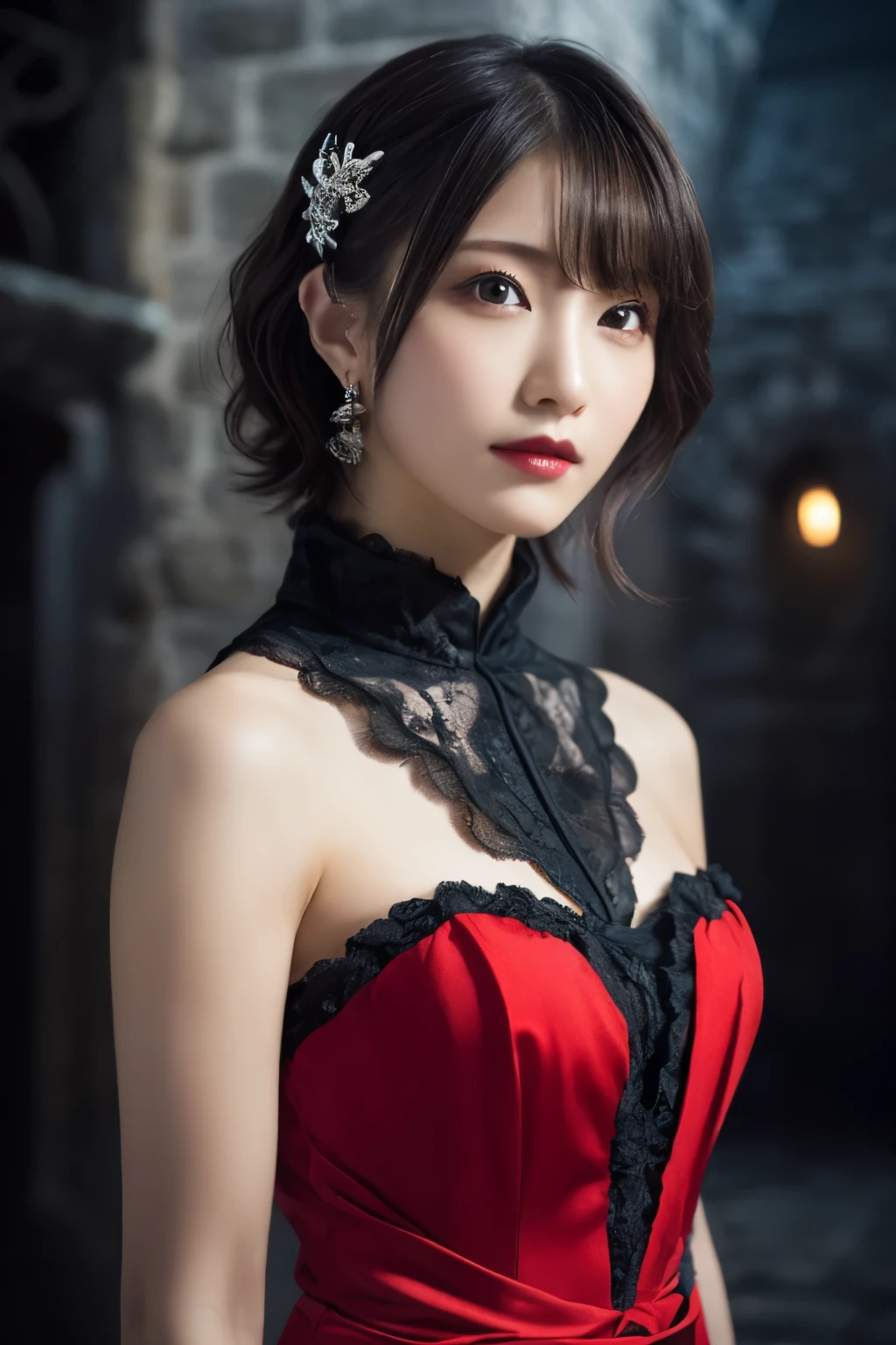 1 girl, (She is wearing a red dress:1.2), (Gothic Makeup), Portrait of a very cute Japanese symphonic metal singer, (RAW Photo Best Quality), (Realistic, Realistic:1.4), (masterpiece), 
Very delicate and beautiful, Very detailed, 2k wallpaper, wonderful, finely, Very detailed CG Unity 8K wallpaper, Very detailed, High resolution, Soft light, 
Beautiful detailed girl, Very detailed目と顔, A beautiful and elegant nose, Beautiful beautiful eyes, Cinema Lighting, 
(She stands in an empty medieval town:1.3), (Night Sky, milky way), (Girl full body silhouette:1.2), (Dark screen:1.5), (I am so lonely),
(short hair), (Messy Hair), 
Perfect Anatomy, Slender body, Small breasts