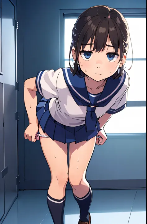 (((Perfect Anatomy, Anatomically correct, Very detailedな肌))), One , Japanese, Elementary school girl, Shiny skin, Observe the audience, Very short stature，Child body type，
Black Hair, Bob Hair、short hair、forehead、Public toilets、 blue eyes, baby face, 
Beautiful clavicle, Beautiful body, Flat Chest、Beautiful thighs, Beautiful legs, Thin thighs，Very small ass，
((Detailed fabric texture, Short sleeve, Cute Uniform, All dark blue, Dark blue pleated skirt, Navy blue sailor collar, socks, Brown Loafers))，Thin thighs, 
((Filmography, Expressionless、sweat)), Standing, (((Leaning forward), Take off, Raise one leg, Light pink panty pull)), 
(Beautiful views), summer, School, Locker Room, 
(8k, Please redeem, masterpiece:1.2, Very detailed), (Realistic, photoRealistic:1.4), Beautiful illustrations, Natural Light,