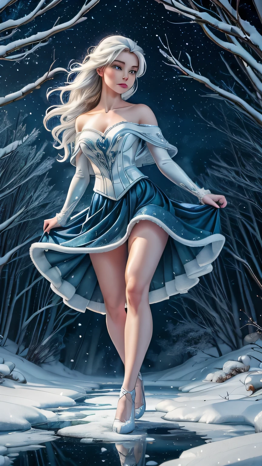 1girl,  solo, (best quality,4k,8k,highres,masterpiece:1.2),ultra-detailed,(realistic,photorealistic,photo-realistic:1.37),night,full moon,arctic fox girl, silver off the shoulder princess outfit,snowy landscape,engaging eyes,wavy white fur,curious expression,elegantly seated,transfixing gaze,intimate connection,serene atmosphere,winter wonderland,icy cold breaths,subtle moonlight reflection,soft snowflakes falling,calming silence,wildlife beauty,ethereal scene,peaceful encounter,deep sense of awe,dreamlike ambiance,natural elegance,frozen tranquility,enchanted encounter,unique sighting,emotional depth,sublime masterpiece,immersed in nature,vivid colors,crisp details,sharp focus, luminous whites, mysterious shadows,vibrant hues,dark blue tones,subtle gradient,subdued lighting,frozen world,glowing eyes,harmony with nature, reflective mood, distinctive charm. mid-twirl with a flowing skirt swirling around her legs, creating a sense of motion and . Her arms can be outstretched or gently holding the edges of the skirt to emphasize the twirling movement. The body should be slightly angled to highlight the fluid lines of the skirt in motion.
