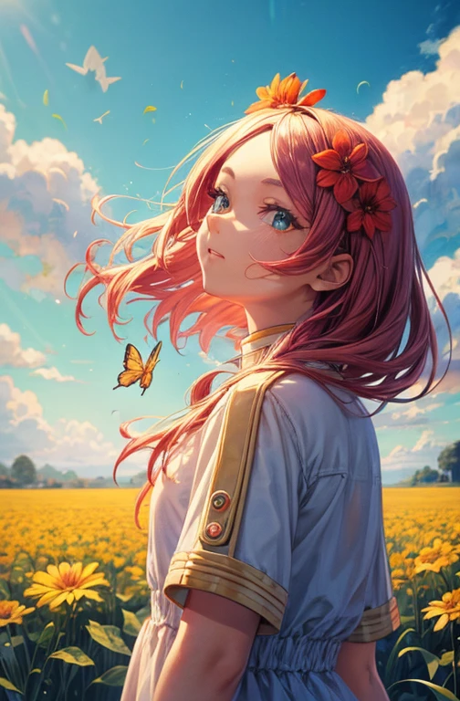 Girl 1,flower,Field,Soft tone,Cheerful personality,Super detailed,Fiery hair color,Bright Eyes,Look at the sky,Around the butterfly,animal,good,Fun atmosphere,High image quality,scale,wallpaper,4K