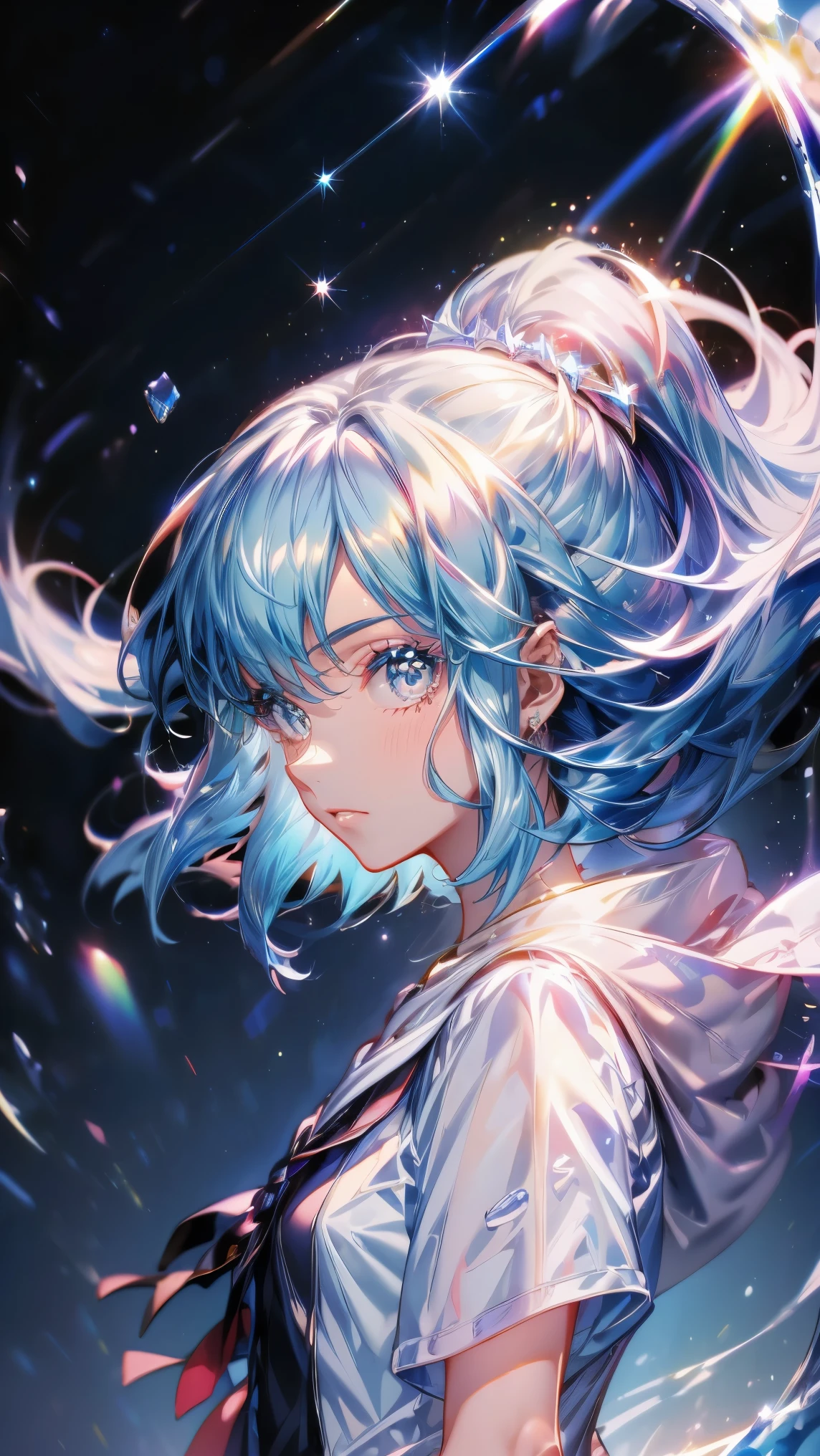 (masterpiece), 4K, Kingdom Hearts Background, Detailed Description, Shining like a star, A cool expression floating in the night sky, Watching over us, Shining Star々, Bringing Happiness,Wearing a sailor uniform, High school girl, Sky blue hair like jewels, Jewel-like eyes, aura, anime, Zoom out, colorful, 