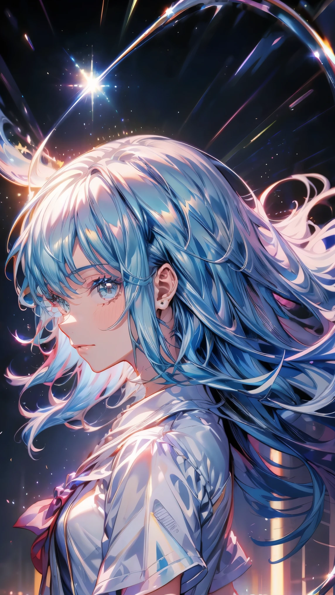 (masterpiece), 4K, Kingdom Hearts Background, Detailed Description, Shining like a star, A cool expression floating in the night sky, Watching over us, Shining Star々, Bringing Happiness,Wearing a sailor uniform, High school girl, Sky blue hair like jewels, Jewel-like eyes, aura, anime, Zoom out, colorful, 