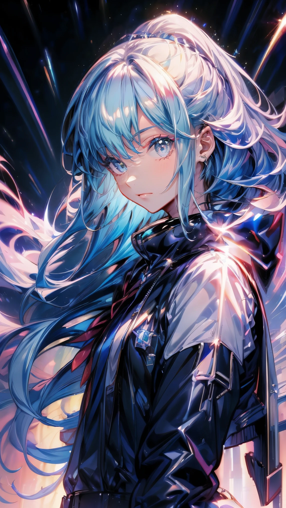 (masterpiece), 4K, Kingdom Hearts Background, Detailed Description, Shining like a star, A cool expression floating in the night sky, Watching over us, Shining Star々, Bringing Happiness,Wearing a sailor uniform, High school girl, Sky blue hair like jewels, Jewel-like eyes, aura, anime, Zoom out, colorful, 